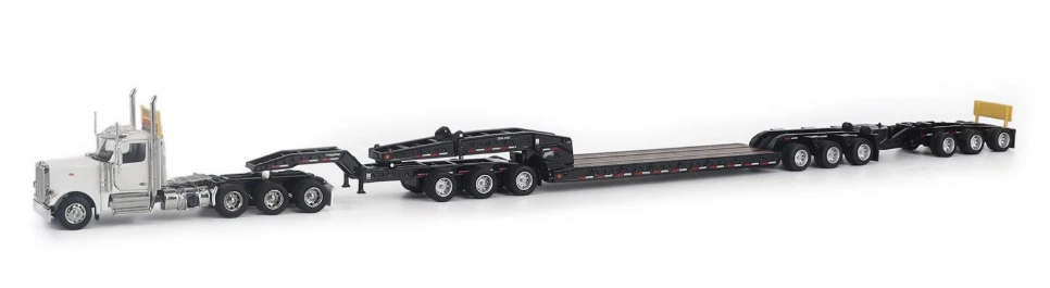 1:64 Peterbilt Model 589 131-inches-BBC Day-Cab Tridem-Axle Truck Tractor (White color) + 1:64 Trail King TK170 Hydraulic Detachable Gooseneck Lowboy Trailer with Jeep & Booster
