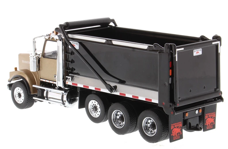 1:50 Western Star 4900 SF Tandem Truck with Pusher Axle in Gold with Ox Bodies Stampede Black Dump Bed