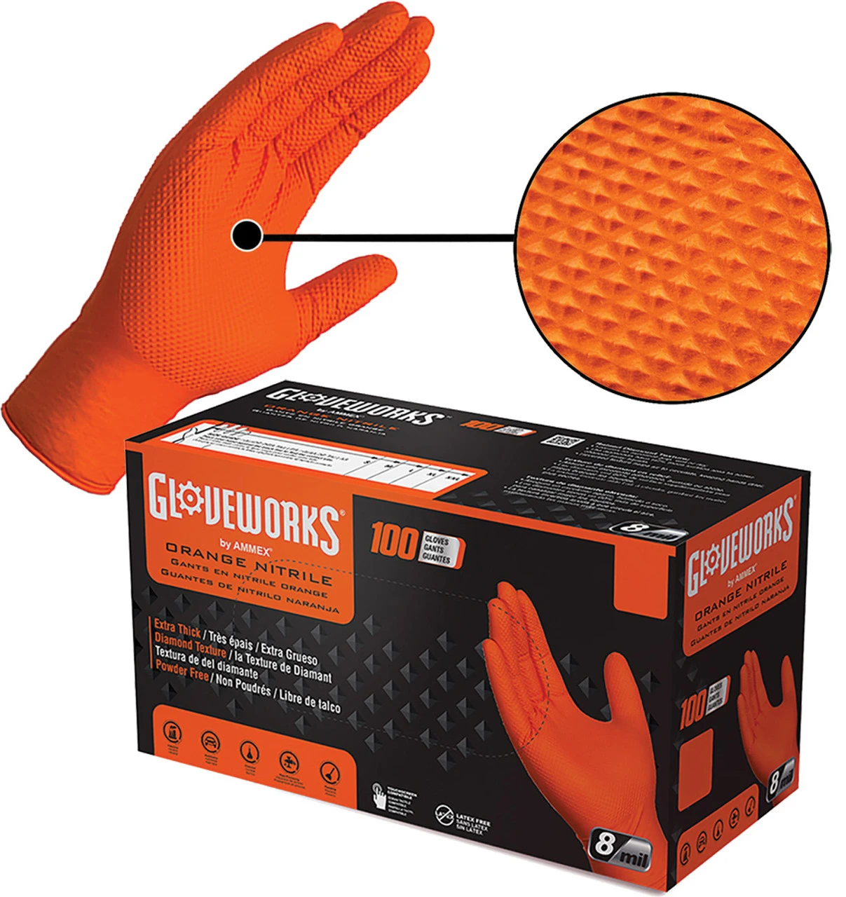 Industrial Hd Orange Nitrile Raised Diamond Texture Disposable Gloves
