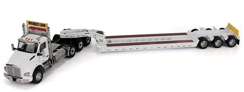 1:50 Kenworth T880 SBFA Daycab Tridem White Tractor with Trail King TK120 HDG Lowboy Trailer