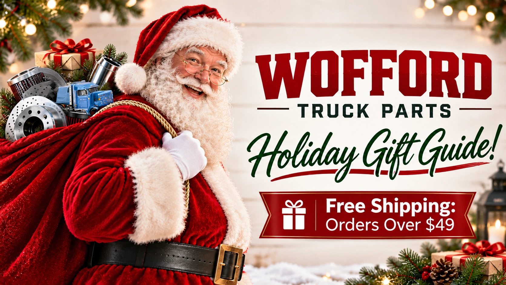 Santa Claus carrying a sack filled with truck parts and holiday gifts, promoting the Wofford Truck Parts Holiday Gift Guide and free shipping on orders over $49.
