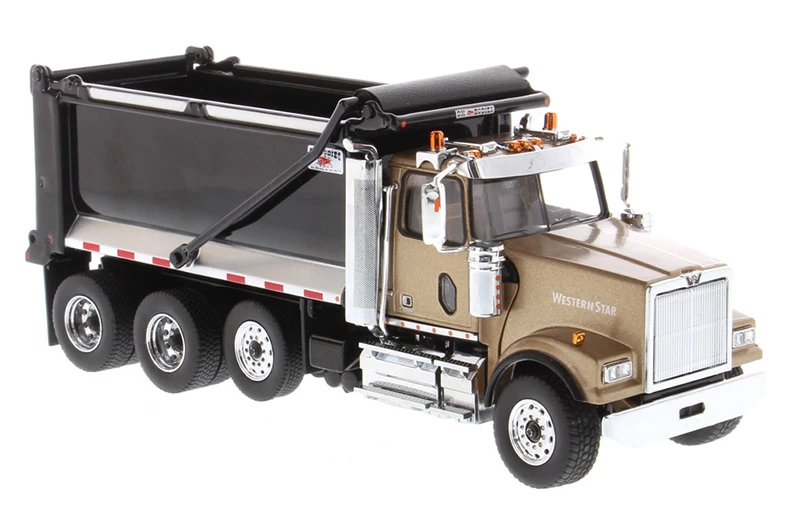 1:50 Western Star 4900 SF Tandem Truck with Pusher Axle in Gold with Ox Bodies Stampede Black Dump Bed