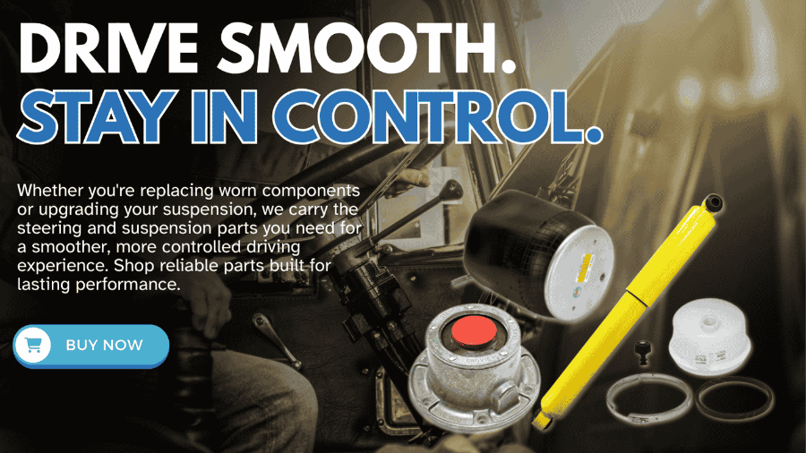 Hero banner promoting steering and suspension parts with the headline "Drive Smooth. Stay in Control." featuring a shock absorber, air spring, suspension components, and a Buy Now button.
