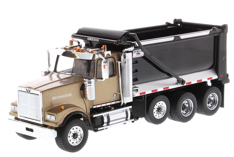 1:50 Western Star 4900 SF Tandem Truck with Pusher Axle in Gold with Ox Bodies Stampede Black Dump Bed - 71080
