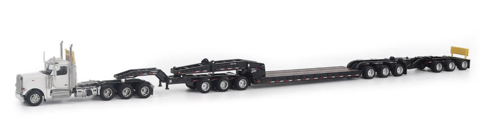 1:64 Peterbilt Model 589 131-inches-BBC Day-Cab Tridem-Axle Truck Tractor (White color) + 1:64 Trail King TK170 Hydraulic Detachable Gooseneck Lowboy Trailer with Jeep & Booster - 71233