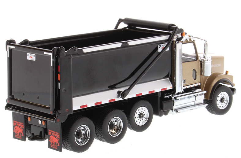 1:50 Western Star 4900 SF Tandem Truck with Pusher Axle in Gold with Ox Bodies Stampede Black Dump Bed - 71080