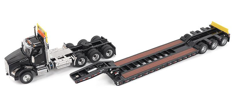 1:50 Kenworth T880 SBFA Daycab Tridem Black Tractor with Trail King TK120 HDG Lowboy Trailer - 71134