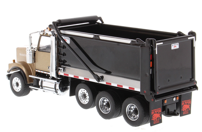 1:50 Western Star 4900 SF Tandem Truck with Pusher Axle in Gold with Ox Bodies Stampede Black Dump Bed - 71080