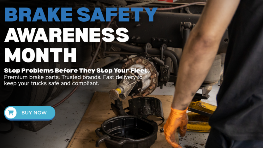 Technician replacing heavy-duty truck brakes during Brake Safety Awareness Month, promoting quality brake parts, preventive maintenance, and safer, compliant fleet operations.