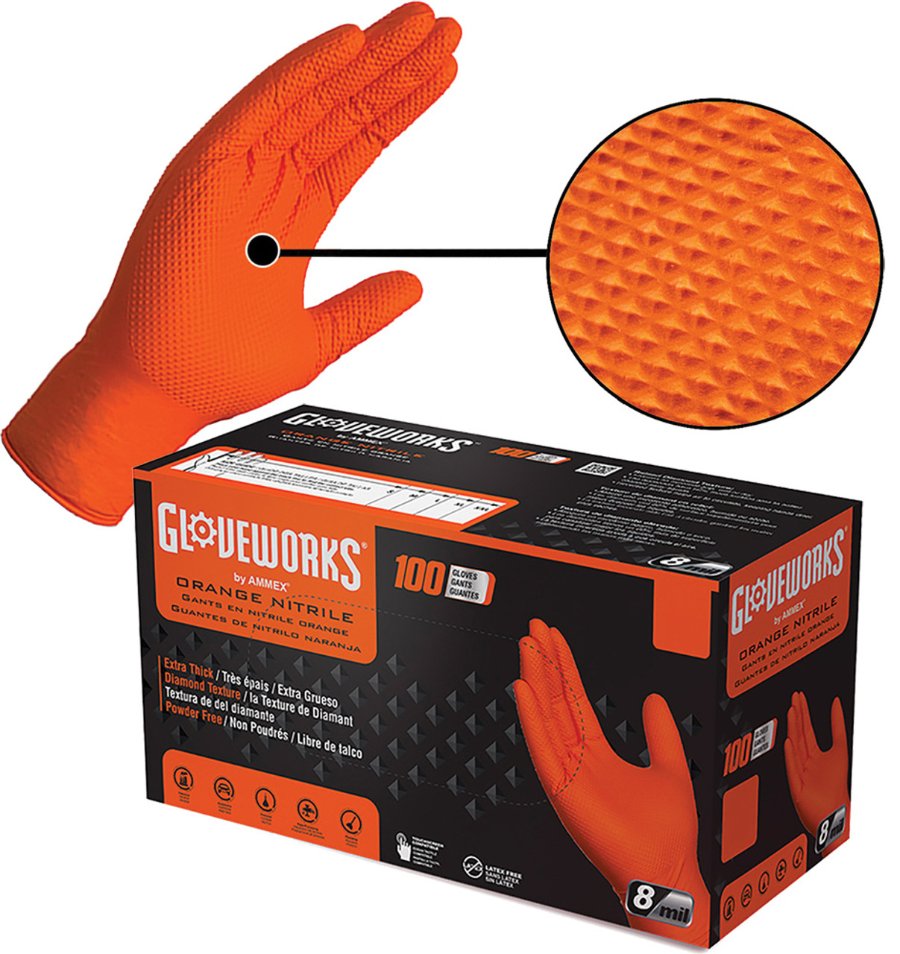 Industrial Hd Orange Nitrile Raised Diamond Texture Disposable Gloves - AMX-GWON48100