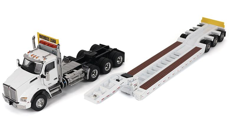 1:50 Kenworth T880 SBFA Daycab Tridem White Tractor with Trail King TK120 HDG Lowboy Trailer - 71139
