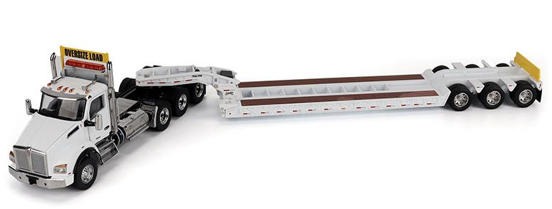 1:50 Kenworth T880 SBFA Daycab Tridem White Tractor with Trail King TK120 HDG Lowboy Trailer - 71139