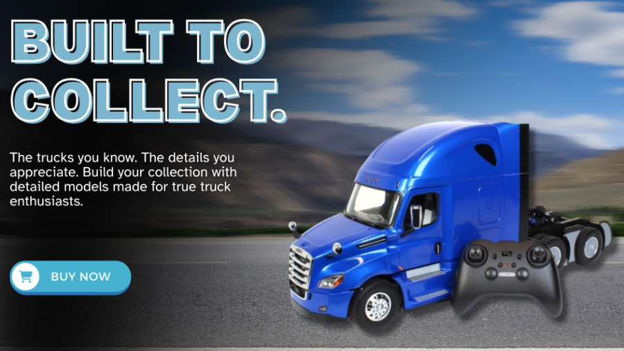 Blue diecast semi-truck model with remote control against a scenic highway background, featuring “Built to Collect” text and a “Buy Now” button.