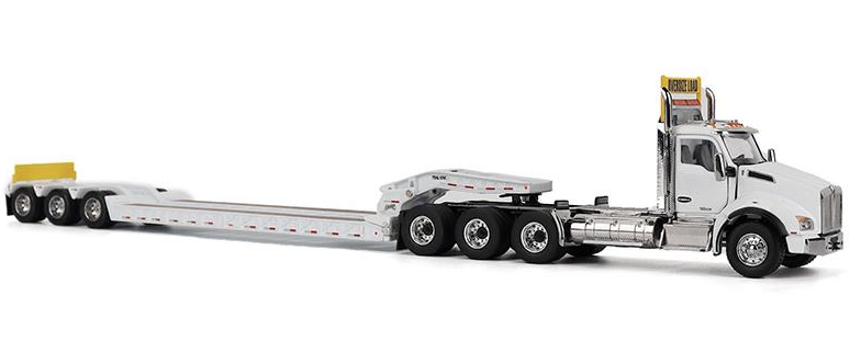 1:50 Kenworth T880 SBFA Daycab Tridem White Tractor with Trail King TK120 HDG Lowboy Trailer - 71139