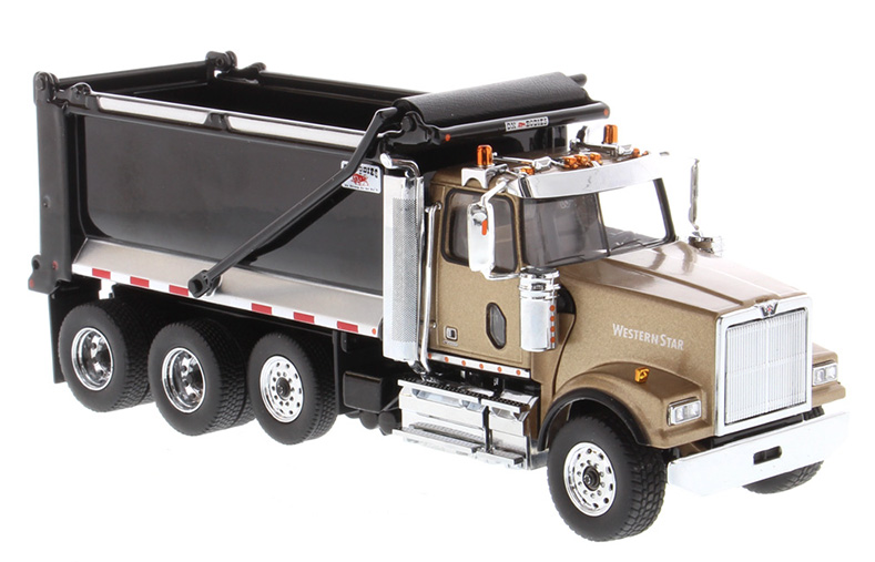 1:50 Western Star 4900 SF Tandem Truck with Pusher Axle in Gold with Ox Bodies Stampede Black Dump Bed - 71080
